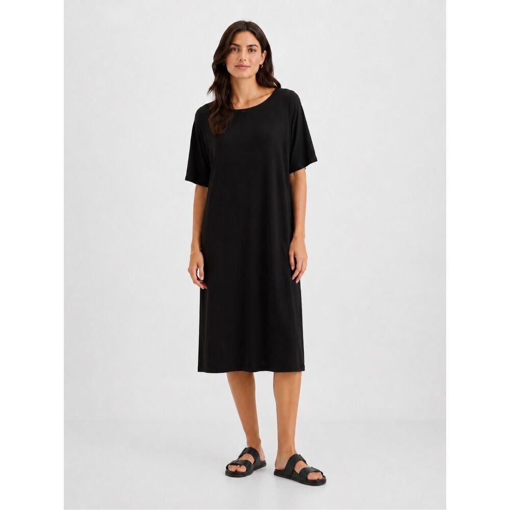 Eileen Fisher Half Sleeve Midi Low Slit Shirt Dress Medium minimalist #900